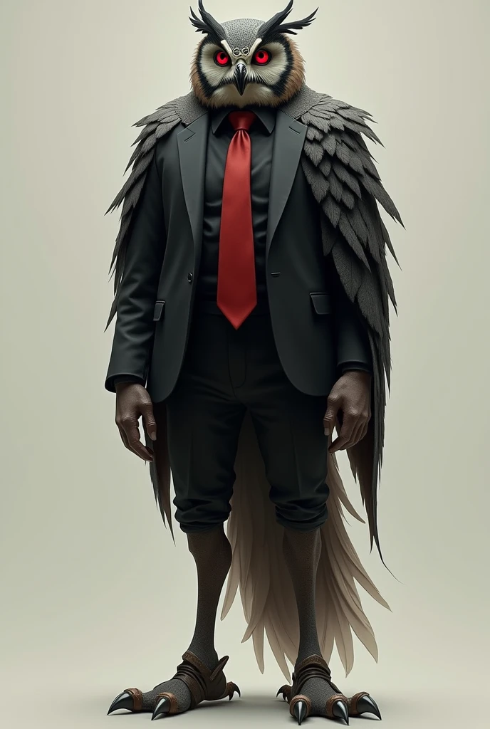 Create a full body image of a Demi-human person with owl features, without wings and with a few feathers on its body with a human face and red eyes with a black suit and a red tie and split eyes and with human legs but when you reach the heel you can see owl claws