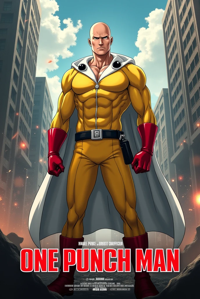 Make a movie poster with The Rock wearing Saitama's clothes and with the title "one punch man" no estilo live action