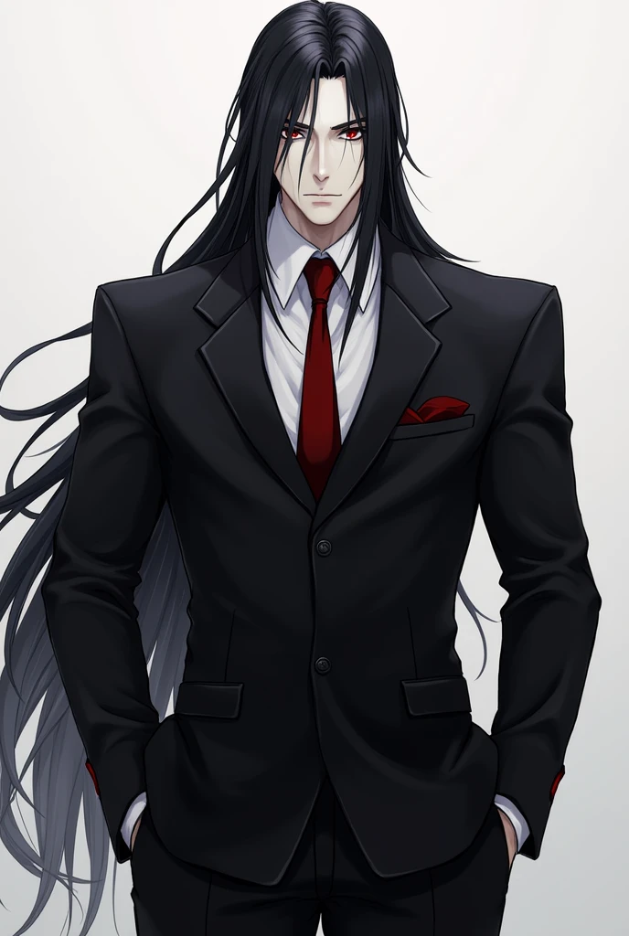 Tall, handsome muscular man, with an elegant suit, red eyes, serious expression, long black hair and pale white skin.