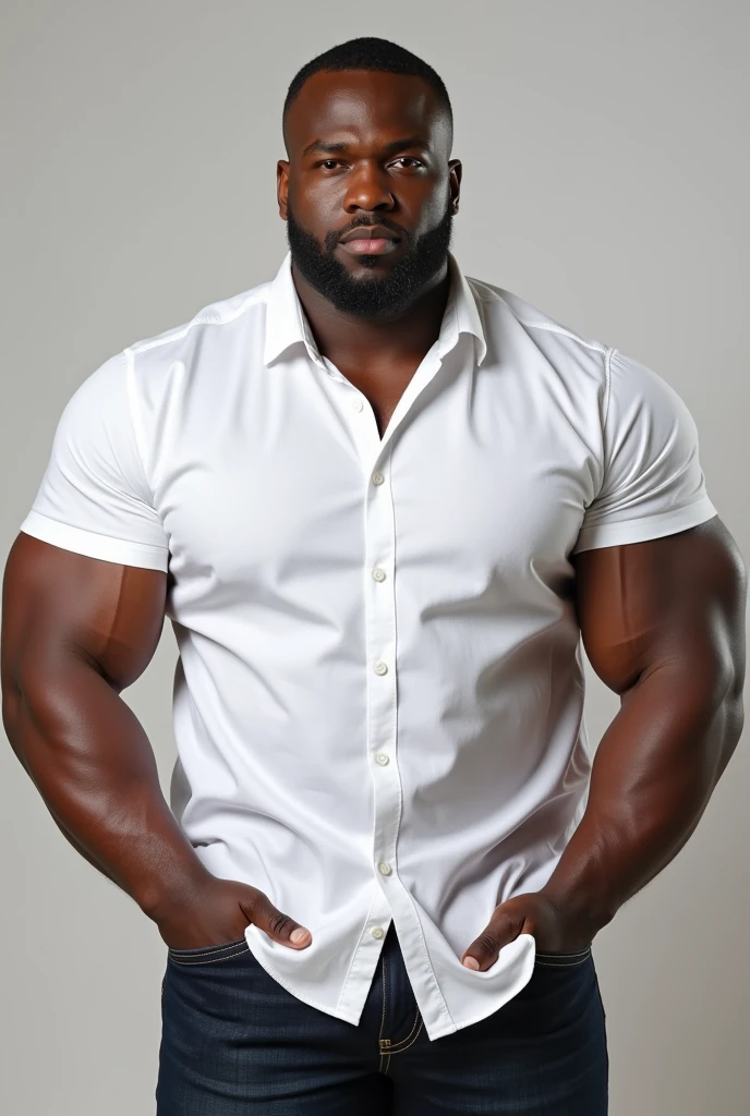 Man dressed in a white button-down shirt with huge muscles