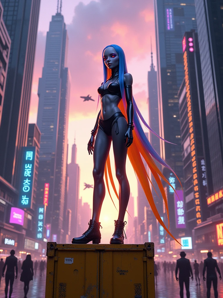 A futuristic scene in a city at dusk, right at 5 pm, with tall skyscrapers of modern architecture and neon lights that begin to illuminate the streets. Flying vehicles fly through the sky, and pedestrians in technological clothing stroll along the sidewalks. In the center of the scene, A human-like alien female is standing on a rusty yellow metal container. Despite being 60 Earth years old, In her race she looks like a  human girl. He has one purple eye and the other red., with long, straight hair that starts blue at the roots and turns orange at the tips. She is 150 cm tall and her posture reflects confidence in this cyberpunk and slightly dystopian environment.. The sky is partly cloudy, with purple and blue tones, while the city around them seems to come alive in the golden hour.