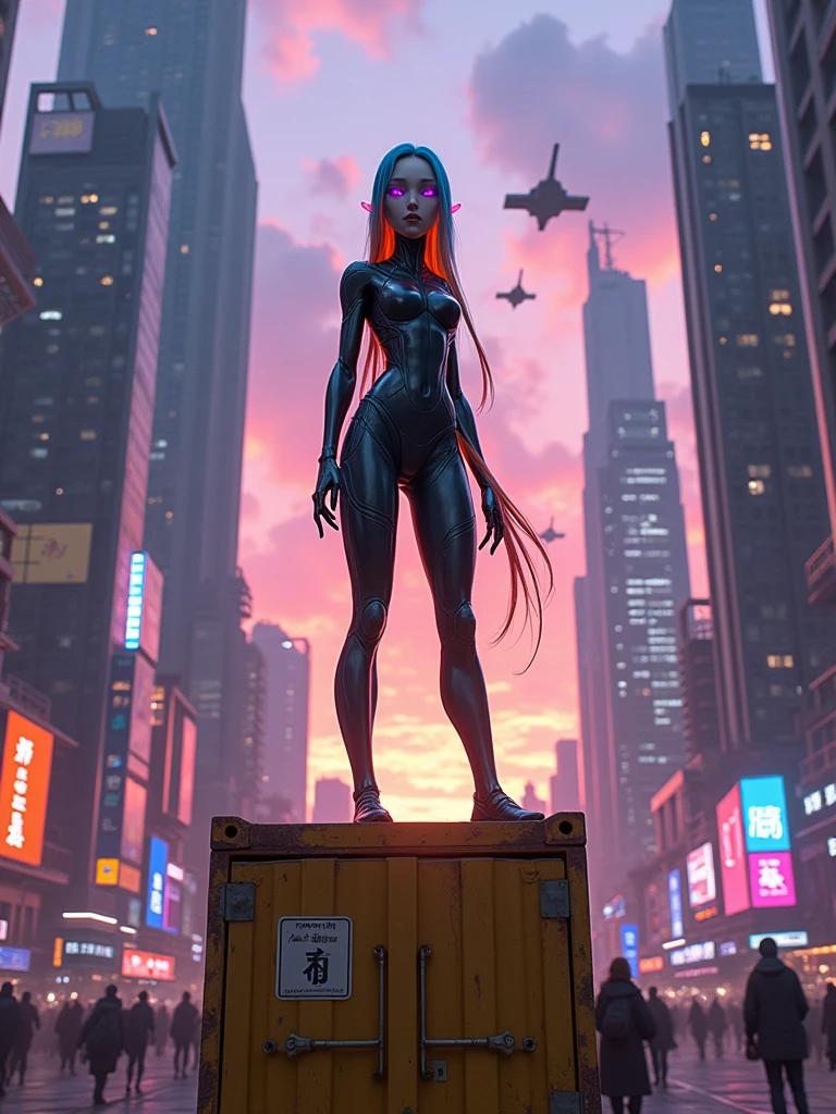 A futuristic scene in a city at dusk, right at 5 pm, with tall skyscrapers of modern architecture and neon lights that begin to illuminate the streets. Flying vehicles fly through the sky, and pedestrians in technological clothing stroll along the sidewalks. In the center of the scene, A human-like alien female is standing on a rusty yellow metal container. Despite being 60 Earth years old, In her race she looks like a 16 year old human girl. He has one purple eye and the other red., with long, straight hair that starts blue at the roots and turns orange at the tips. She is 150 cm tall and her posture reflects confidence in this cyberpunk and slightly dystopian environment.. The sky is partly cloudy, with purple and blue tones, while the city around them seems to come alive in the golden hour.