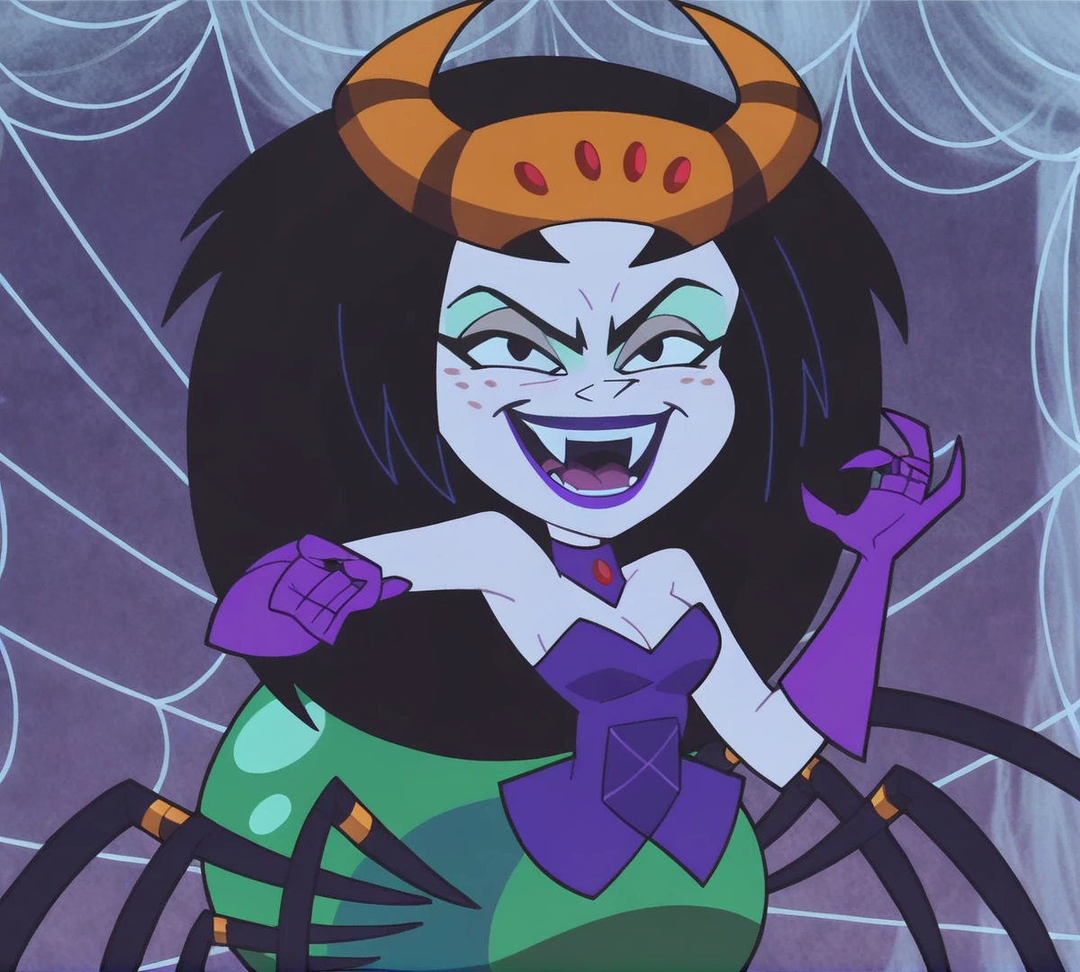 Velma Green, zPDXL, best quality, amazing quality, score 9, 1girl, webs, evil laugh, arachne,