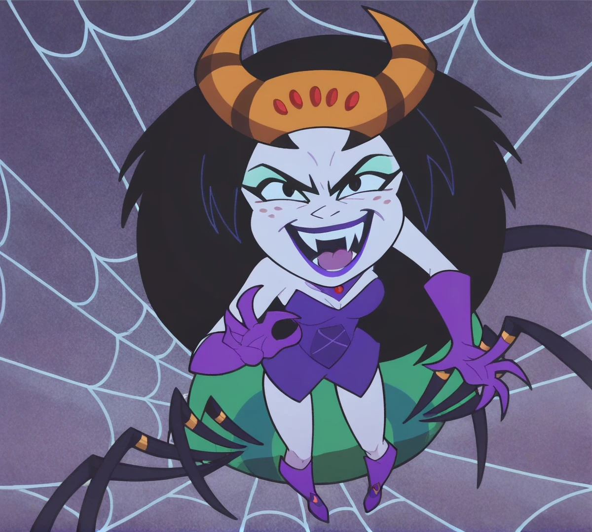 Velma Green, zPDXL, best quality, amazing quality, score 9, 1girl, webs, evil laugh, arachne, 