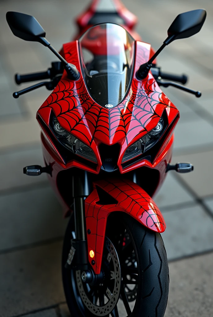 A Kawasaki Ninja 300 motorcycle painted red and black but one color on each side with a spider web design, show me an angle from above