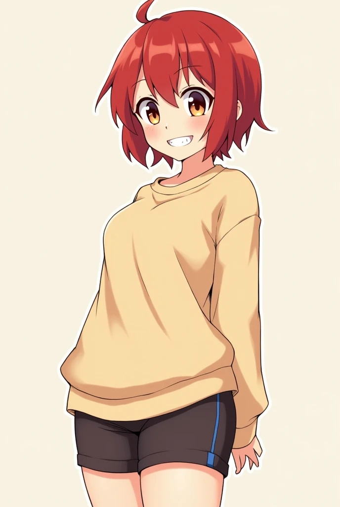 A red-haired pretty shouta male, with a mischievous face, with brown eyes, with a point on the side of his mouth, front teeth more bigger in a beige sweatshirt, short and tight shorts, BIG fat ass, WIDE hips, THICK thighs, body, cute, short. (WITHOUT BOOBS) Femboy...