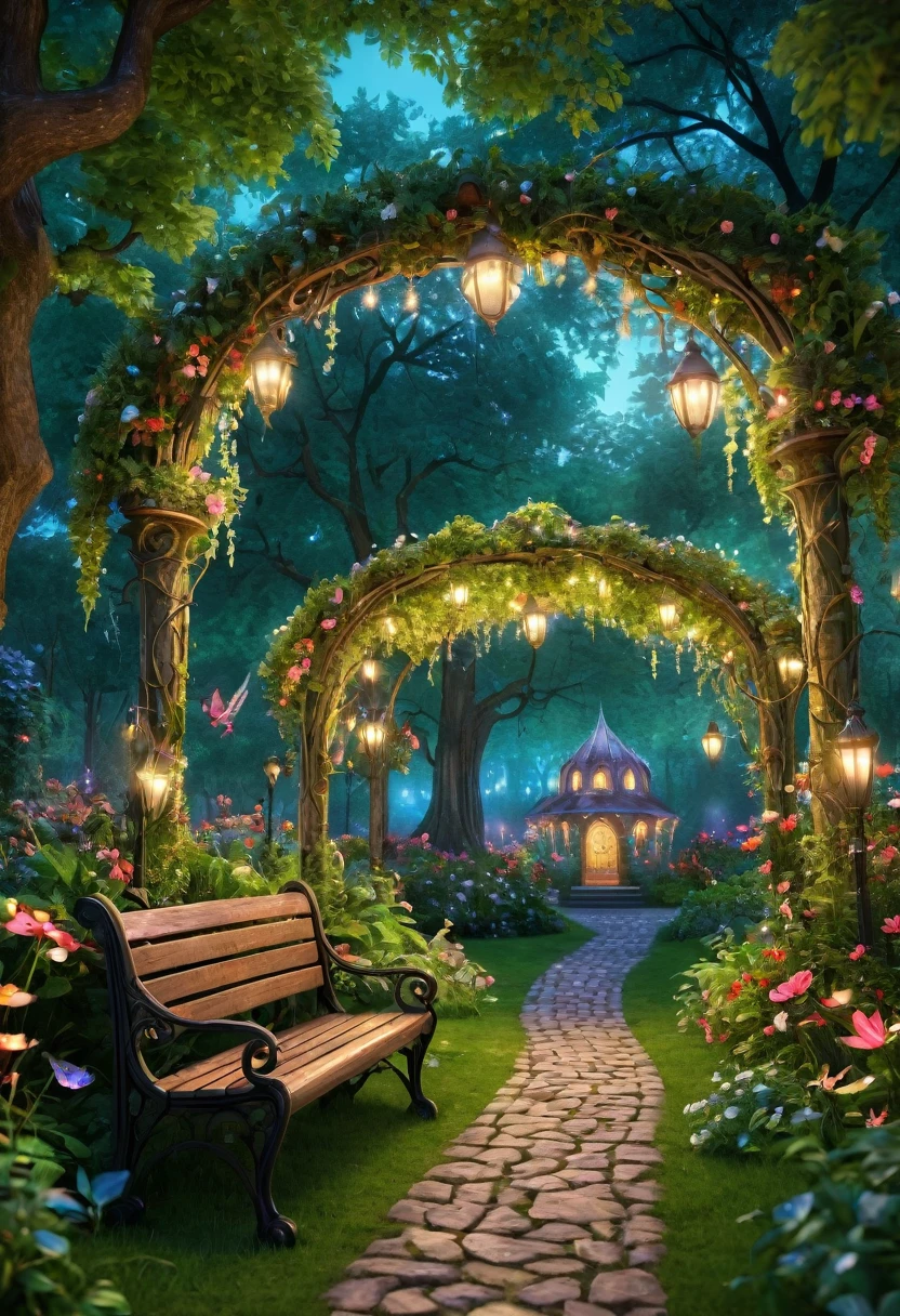 there is a bench in the middle of a park with lights on, magical environment, magical atmosphere, beautiful ambience, fairy tale place, beautiful ambiance, magical area, cosy enchanted scene, very magical and dreamy, photograph of enchanted garden, evening ambience, dreamy atmosphere, enchanted magical fantasy forest, enchanted garden, beautiful render of a fairytale