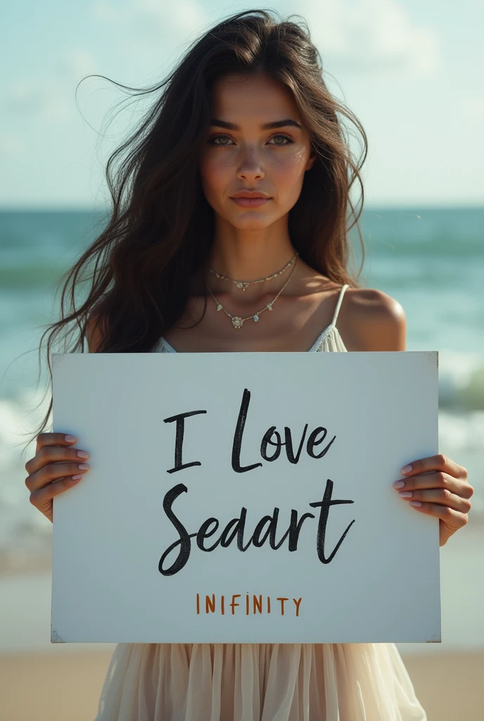 Beautiful girl with wavy long hair, bohemian dress, holding a white board with text "I Love Seaart Infinity" and showing it to the viewer
