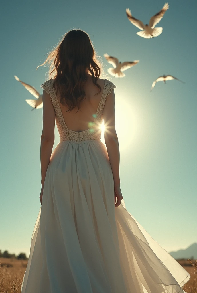 a one woman, contra-luz, professional foto, FULL, uplit, graced, white gown, far away, divine sign, white birds
