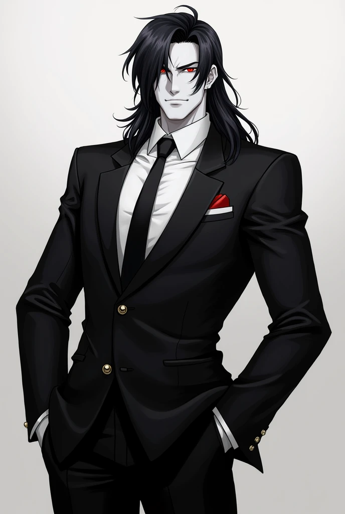 Tall, handsome muscular man, with an elegant suit, red eyes, serious expression, long black hair and pale white skin.