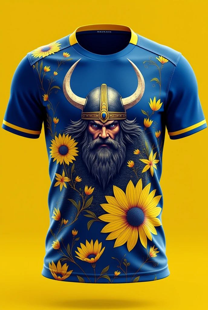 create a sweden team shirt with viking and flower theme, with blue and yellow details