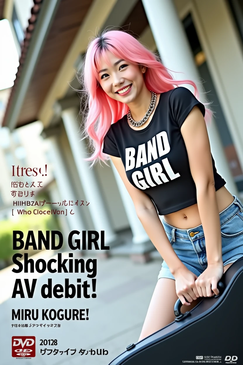 ((((Woman's ridiculously large breasts change, slender curves, big , big breasts, big , super beautiful woman, whip-smacking body)))), adult video poster layout, text on screen: "BAND GIRL Shocking AV debut!! ★ MIRU KOGURE ",(((Japanese woman with large black guitar case)))), 26 year old adult woman wearing black crew neck top with large English letters on her chest and short blue jeans posing for a photo shoot, big breasted female porn actor, dynamic pose, rock music magazine model pose,. Japanese female fashion model, (((very bright pink hair))), happy expression, thick chain accessories on neck and arms, (((in front of Asakusa strip theater))), pure beautiful smile, intelligent face, slender curves, large breasts, wearing black t-shirt, small leather jacket Wearing black T-shirt, very small leather jacket, denim shorts, (((extreme low angle))), null, Bill, holding black guitar case with guitar strap, (((DVD mark, Blu-ray mark))).