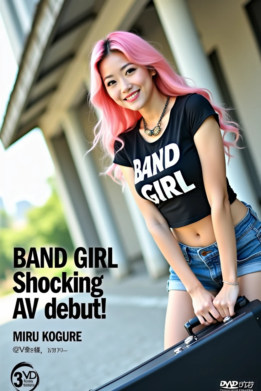 ((((Woman's ridiculously large breasts change, slender curves, big , big breasts, big , super beautiful woman, whip-smacking body)))), adult video poster layout, text on screen: "BAND GIRL Shocking AV debut!! ★ MIRU KOGURE ",(((Japanese woman with large black guitar case)))), 26 year old adult woman wearing black crew neck top with large English letters on her chest and short blue jeans posing for a photo shoot, big breasted female porn actor, dynamic pose, rock music magazine model pose,. Japanese female fashion model, (((very bright pink hair))), happy expression, thick chain accessories on neck and arms, (((in front of Asakusa strip theater))), pure beautiful smile, intelligent face, slender curves, large breasts, wearing black t-shirt, small leather jacket Wearing black T-shirt, very small leather jacket, denim shorts, (((extreme low angle))), null, Bill, holding black guitar case with guitar strap, (((DVD mark, Blu-ray mark))).