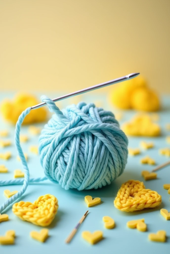 Create a post for a crochet shop, composing a light blue ball of yarn and yellow hearts. A line with a needle. The name of the store is "Crochet.Lya".