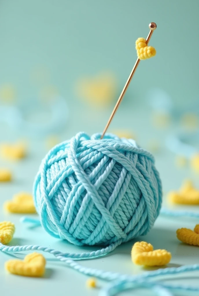 Create a post for a crochet shop, composing a light blue ball of yarn and yellow hearts. A line with a needle. The name of the store is "Crochet.Lya". 