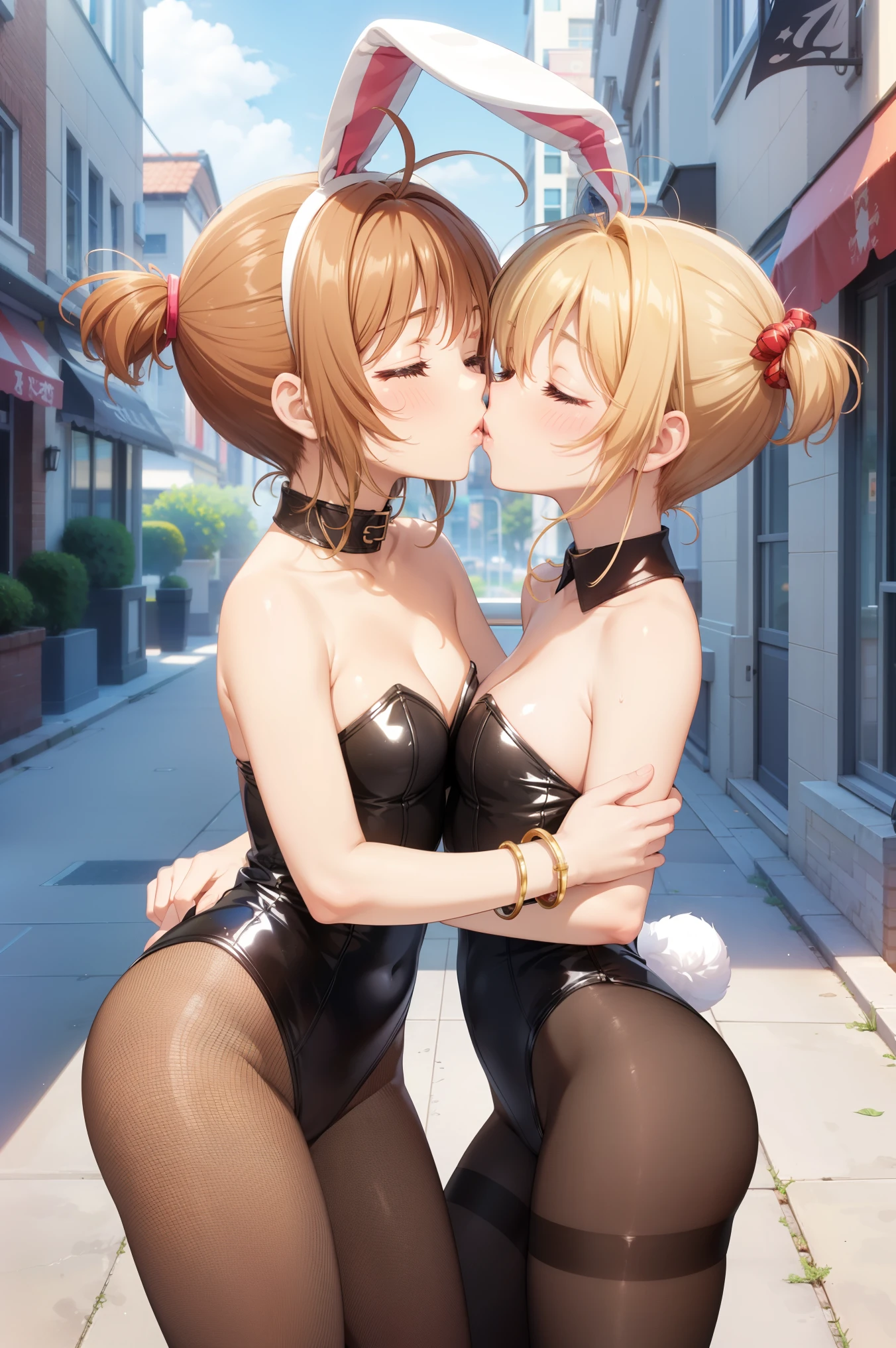 masterpiece, Highest quality, High resolution, (Two Girls), (Multiple Girls), Detailed face, blush, Anime CG style, (Medium chest), (18-year-old girl:1.3), (Old age), Good lighting, Perfect body, Sakura Kinomoto, Glossy Lips, City Street, strapless leotard, Detachable collar, Wrist cuff, (Fishnet tights), Bunny ears, (Curvy), Facing each other, kiss), close your eyes