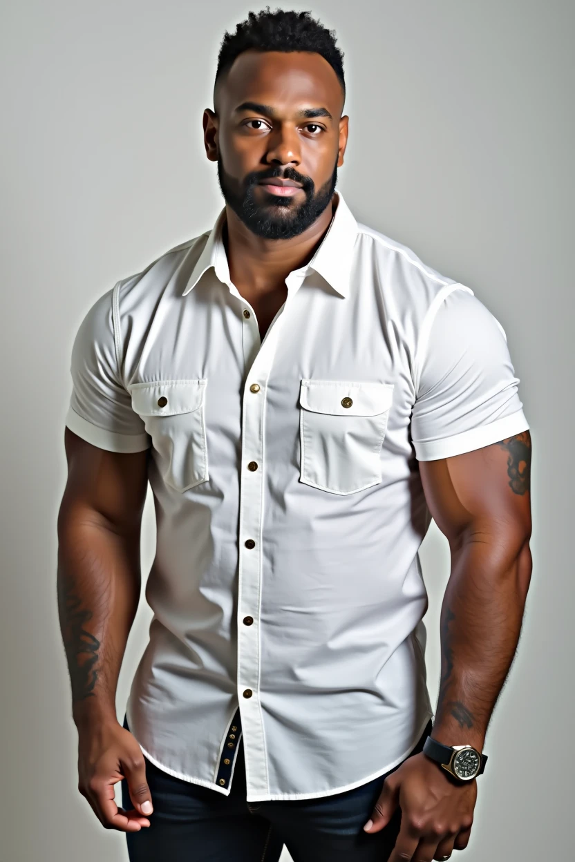 Man dressed in a white button-down shirt with huge muscles