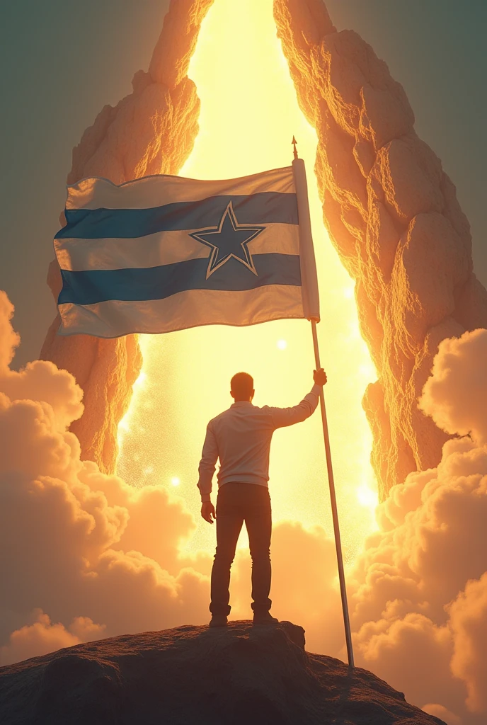 A man with a large white flag with blue stripes and a large blue star and he waved it. Then the sky opened in two parts and a golden rock came out and the man who had the flag said: This flag will have peace just like you. Don't be sad and you will be happy.