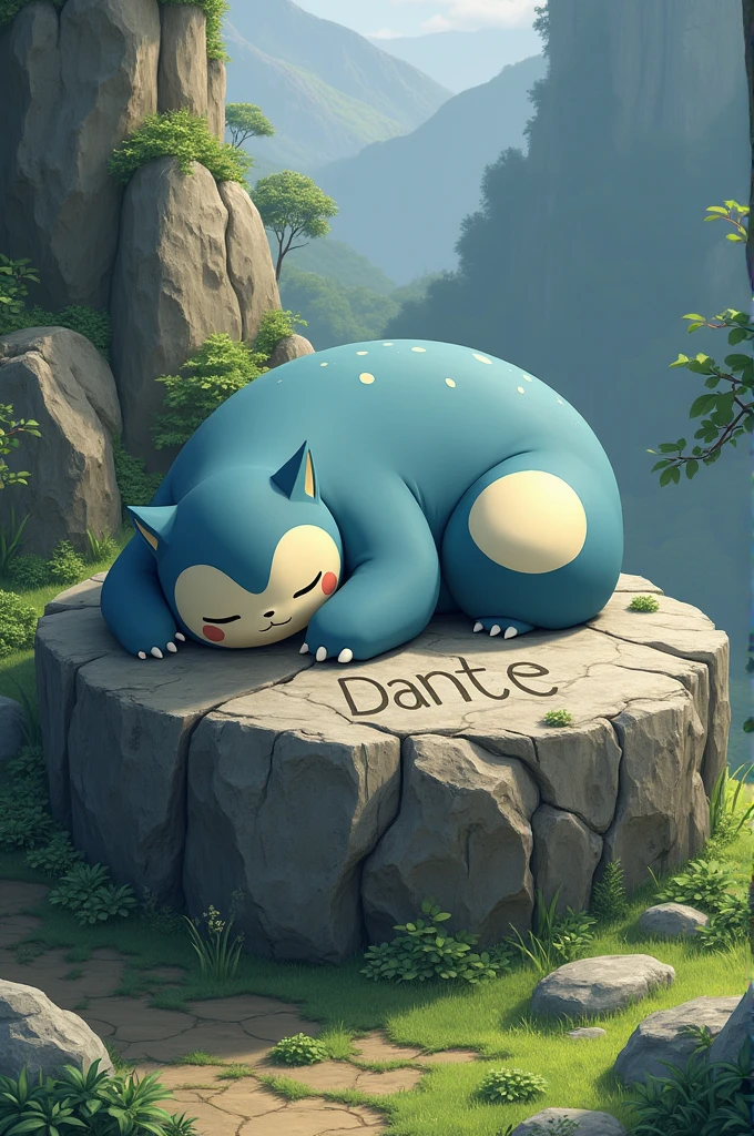 Snorlax with a rock that says Dante