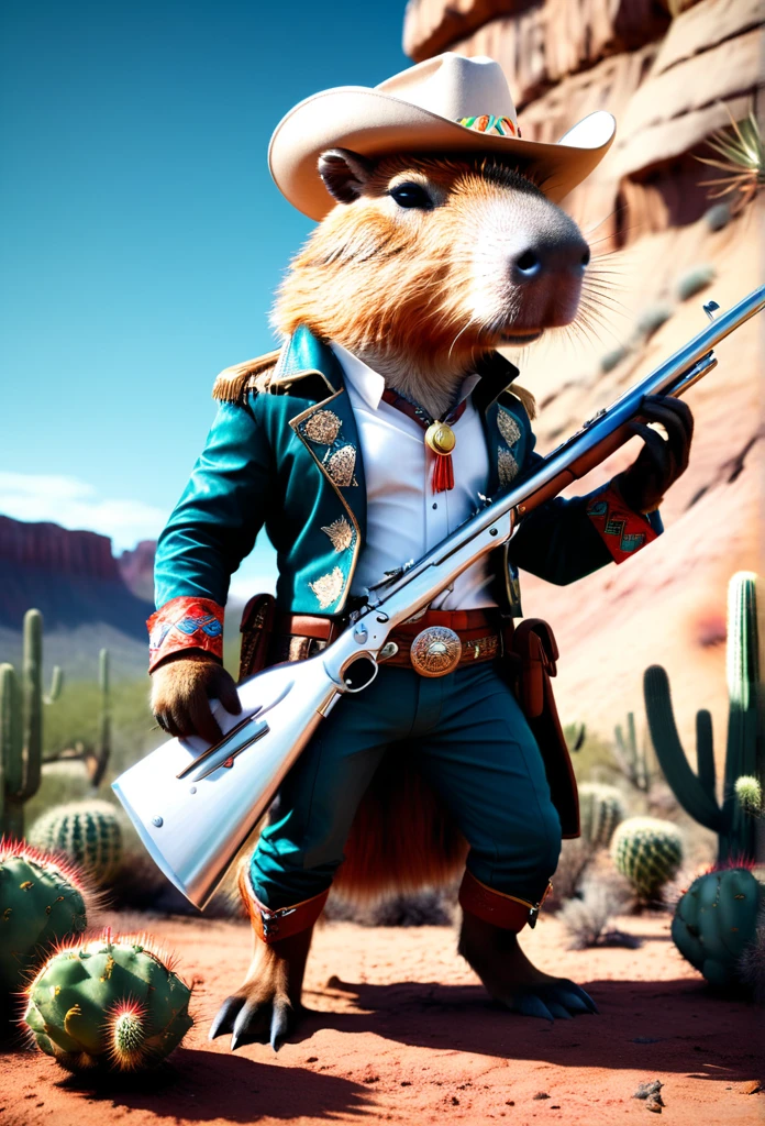 Hyper intricate, detailed, anthropomorphic capybara dressed as a futuristic cowboy, standing in a high-intensity, detailed Sonoran desert, digital art, ultra-high resolution, photorealistic 3D rendering, cinematic lighting, intricate textures, vibrant colors, sharp focus on fur and fabric details, sci-fi Western aesthetic, blend of traditional and futuristic elements, American Indian accessories meticulously crafted, musket modeled with precise mechanical components, background showcasing detailed cacti and rock formations, dramatic shadows and highlights, created using advanced CGI techniques, 8K resolution, ray-tracing for realistic light interaction, by artists like Beeple or Simon Stålenhag.