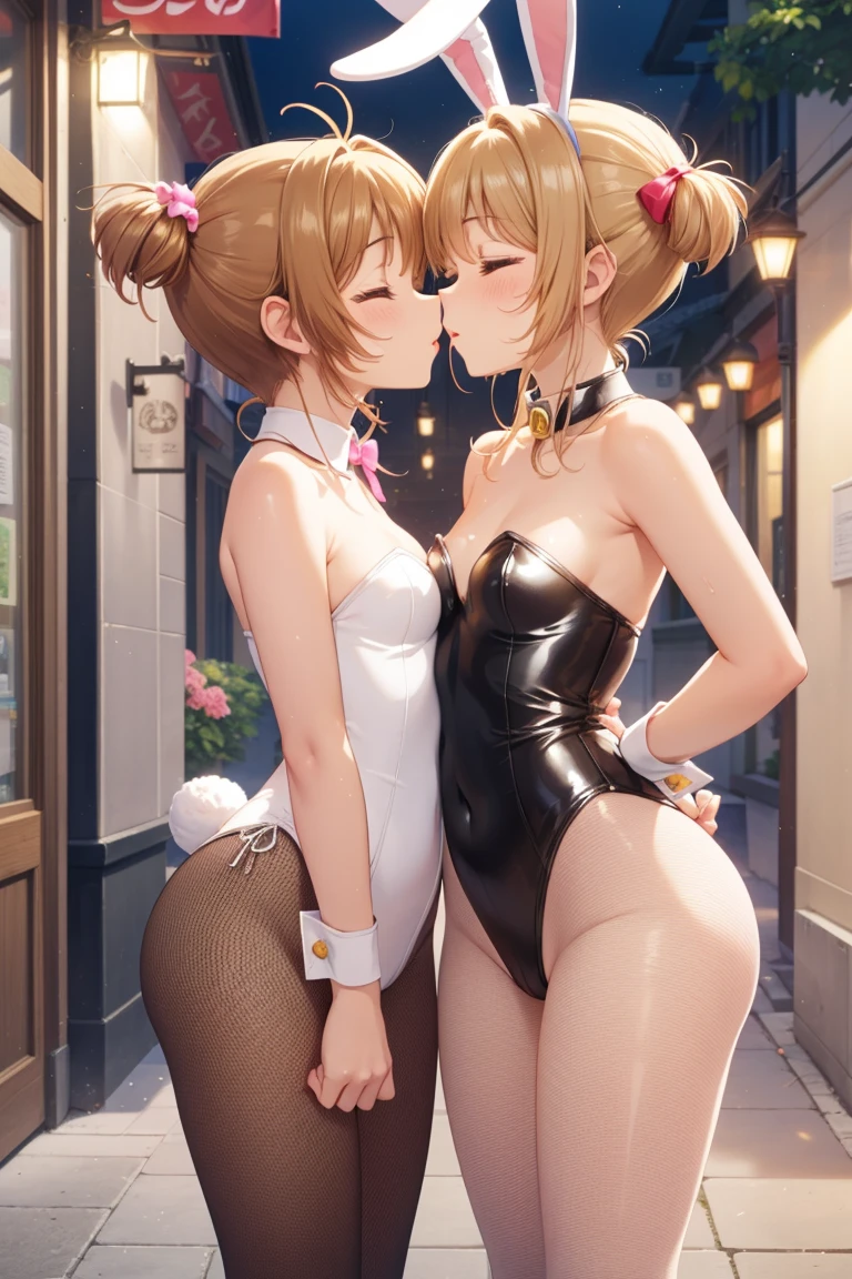 masterpiece, Highest quality, High resolution, (Two Girls), (Multiple Girls), Detailed face, blush, Anime CG style, (Medium chest), (18-year-old girl:1.3), (Old age), Good lighting, Perfect body, Sakura Kinomoto, Glossy Lips, City Street, strapless leotard, Detachable collar, Wrist cuff, (Fishnet tights), Bunny ears, (Curvy), Facing each other, kiss), close your eyes、Nipples are visible、see-through