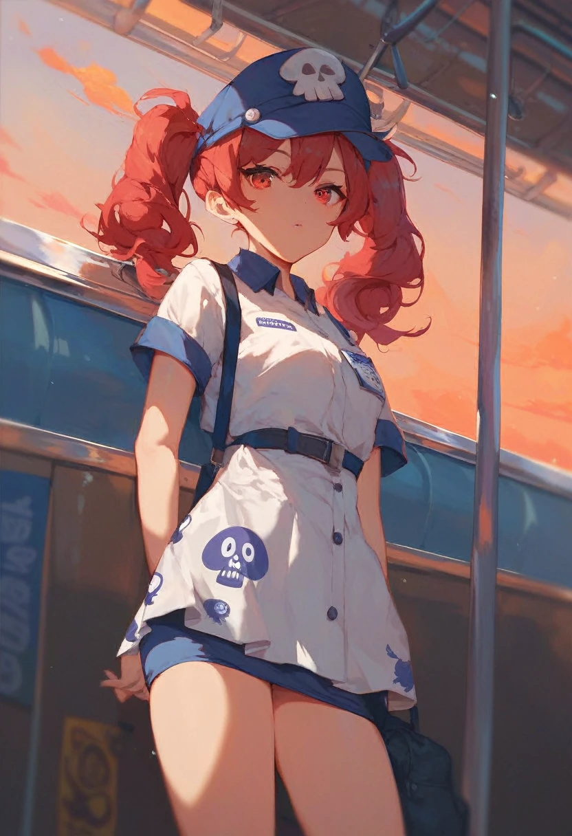 1girl, solo, red hair, red eyes, twintails, employee uniform, mini skirt, skull print, navy cap, orange sky,, outdoors, train station, standing in front of bus,, 
