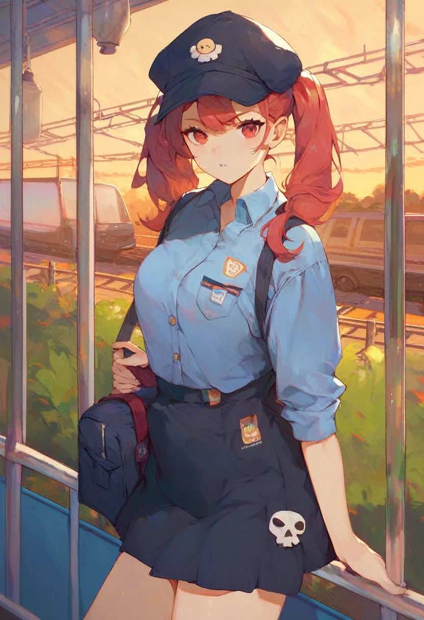 1girl, solo, red hair, red eyes, twintails, employee uniform, mini skirt, skull print, navy cap, orange sky,, outdoors, train station, standing in front of bus,, 