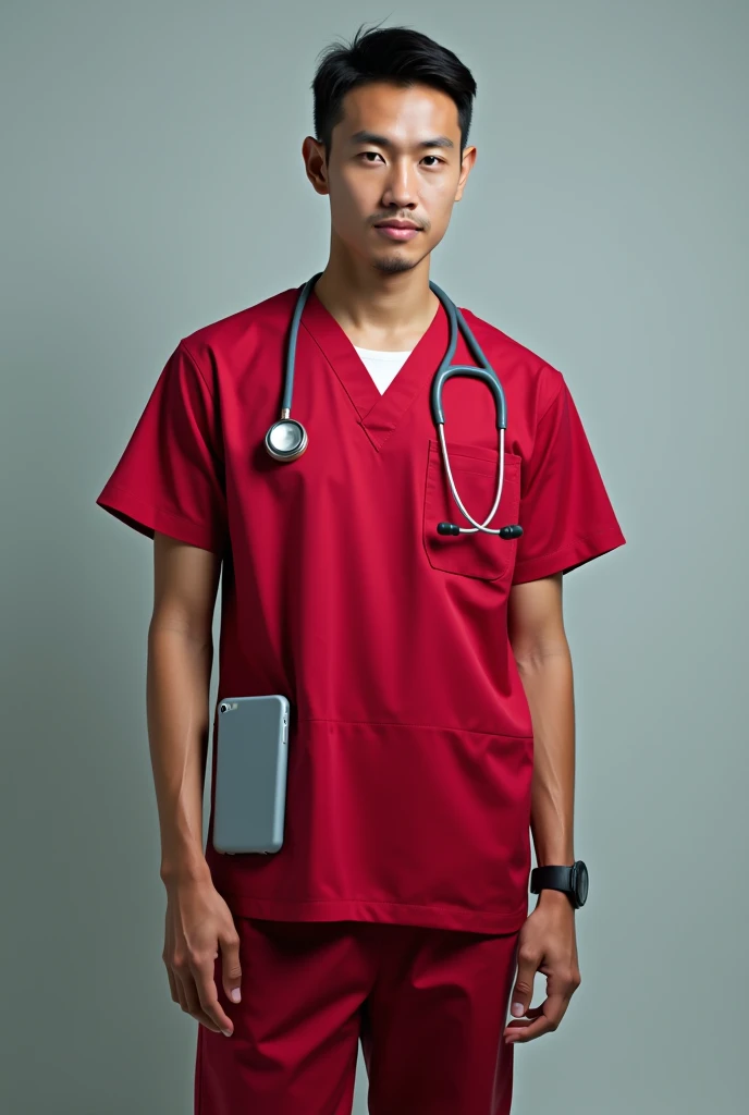Doctor with red scrub grey shoe grey watch grey tab phone cover