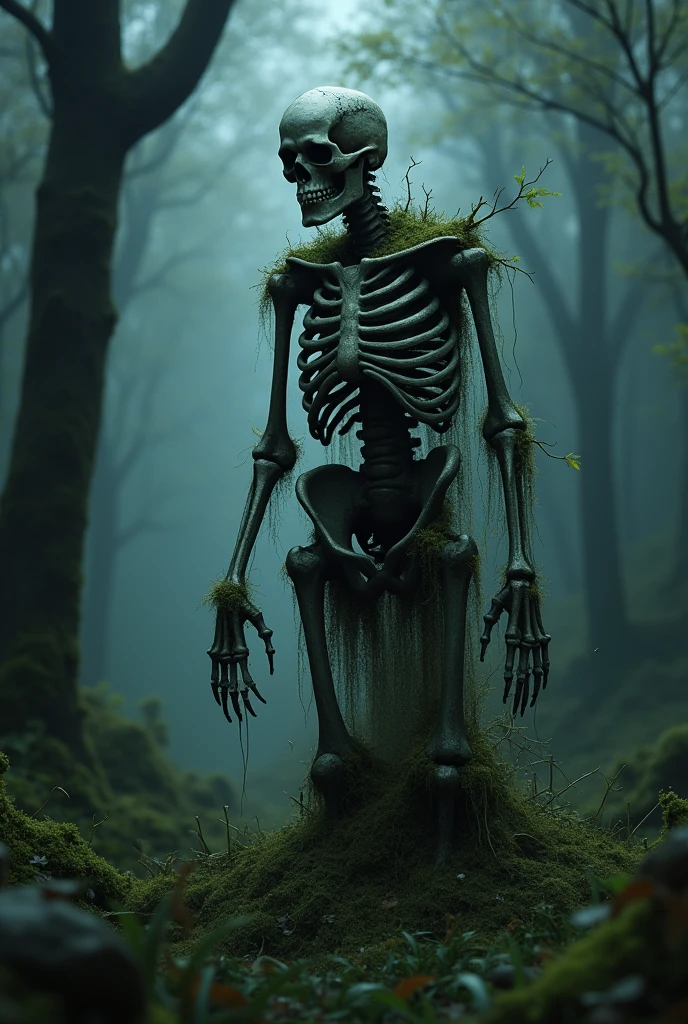 Skeleton covered in moss and dirt in a misty forest at night