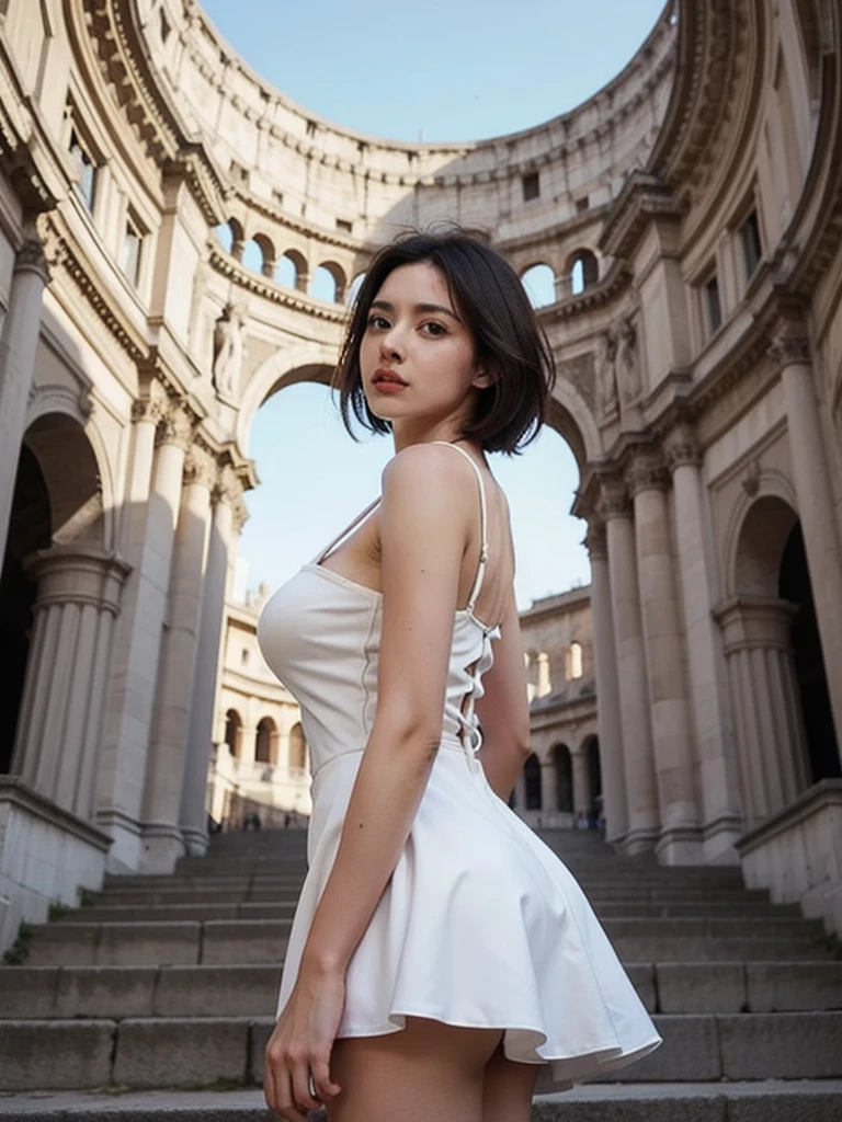 Rome Colloseum, Alita angelina in front, short micro white dress, photo taken from below, big tits, green short hair 