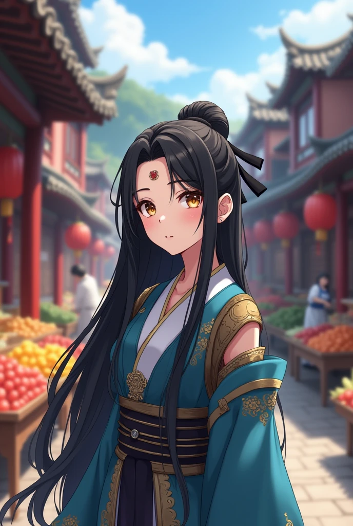 Adult female character, modern anime drawing style, semi-long dark black hair, Golden eyes, White skin. With traditional Chinese clothing in black and blue, with a black ribbon tied on his forehead, buying fruit in a traditional chinese village