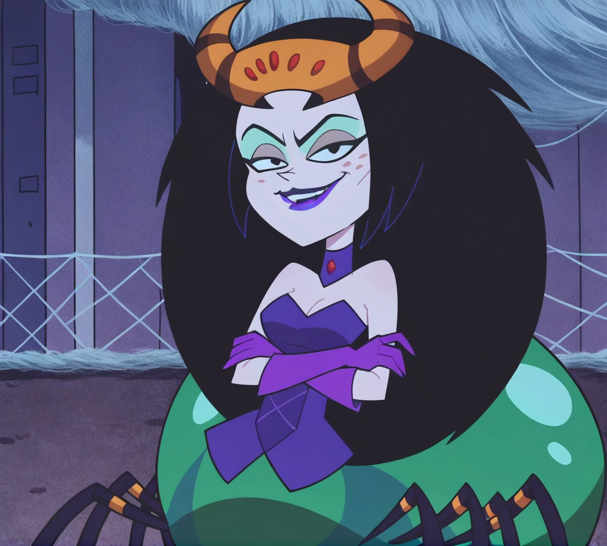 Velma Green, arachne, zPDXL, best quality, amazing quality, score 9, 1girl, crossing arms, smug, smirk, raised eyebrow, outdoors, night, 