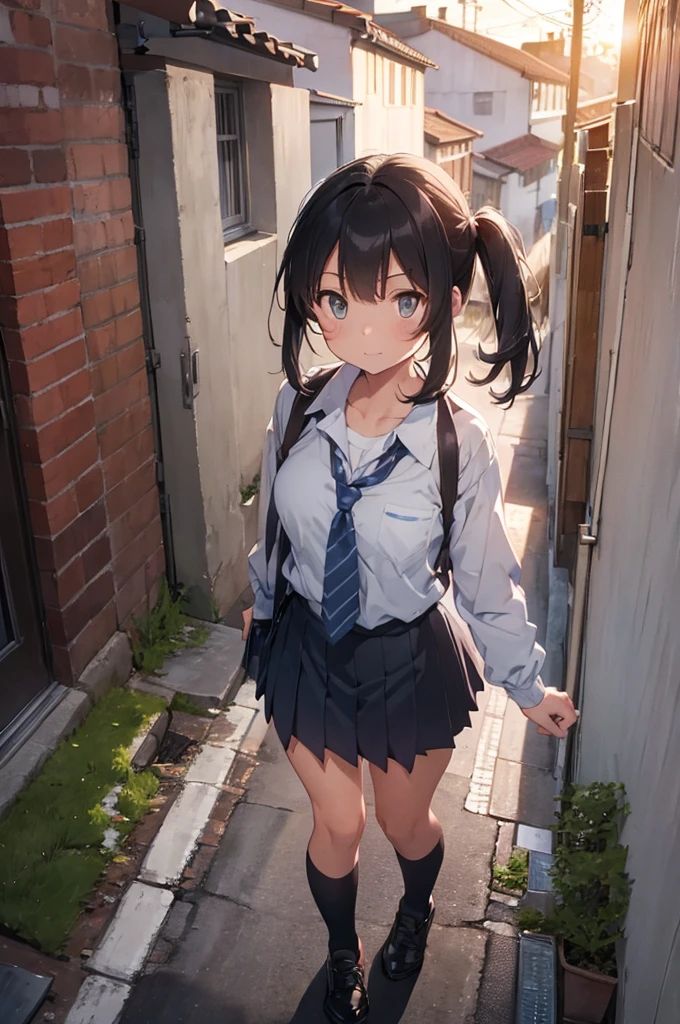 one girl wearing school uniform, grey cat next to her, alleyway, sunset