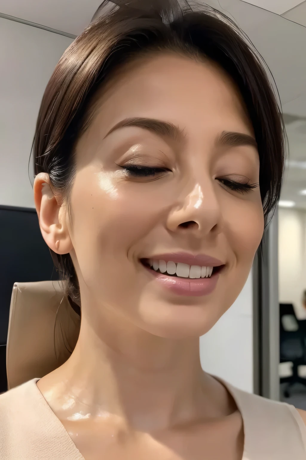 1 girl,flying debris,,Award-winning photo, Very detailed, Edge Orgasm,Face Focus, (Woman with open mouth and closed eyes ), 30 years old、Black Hair、Glowing Skin、Face close-up,From below、Realistic nostrils、Long and narrow nasal cavity,、Glass-walled office、(Modern interior office)、congestion、Are standing、((suit))、Big Breasts、(Sharp Nose)Frowning performance:1.4, concept,teeth,performance,facial performances,Frowning,Lift your head、Skin shiny with sweat