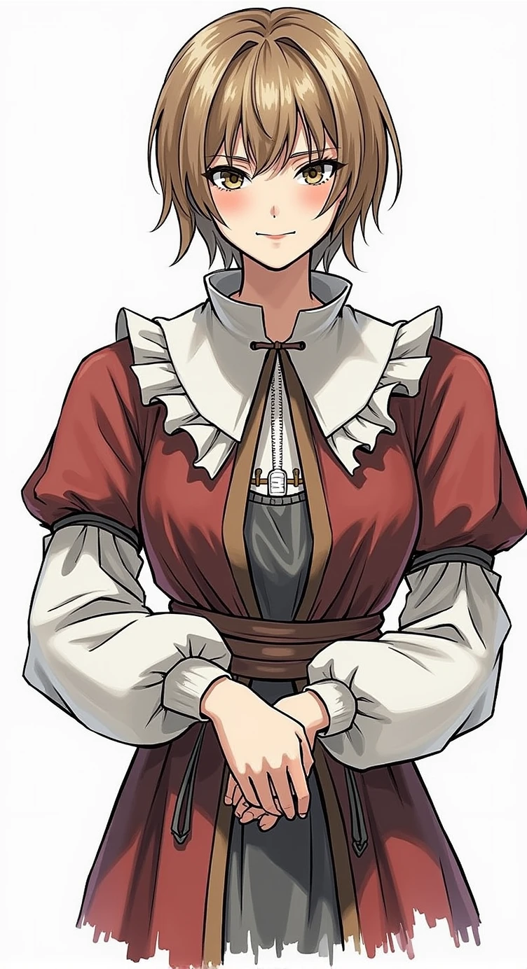 , 10 years old, looking at the camera with a slight smile. Her hair is short to her shoulders and she is wearing a red and white dress from medieval times.