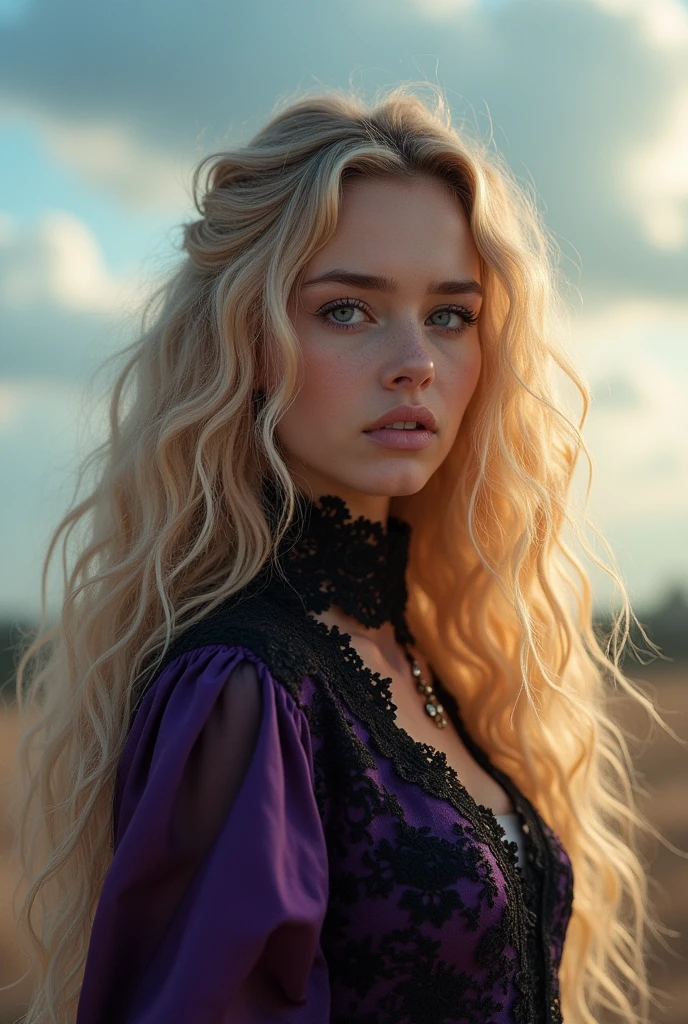 Beauty, full body portrait of photorealistic beautiful blonde, long curly hair, morning sky, exotic black and purple dress, lace collar, blue eyes, face with worry details, full body, magical fantasy, wow effect, , trending on artstation, sharp focus , studio photography, intricate details, very detailed
