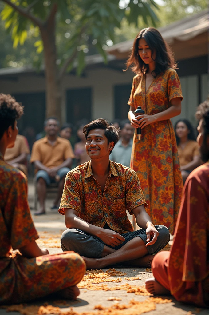 A man is sitting cross-legged with his friends wearing batik clothes and sees a woman wearing batik clothes with loose hair holding a microphone. 