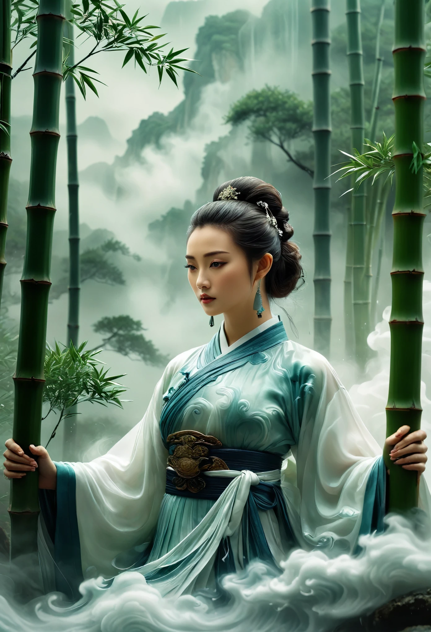 entry screen, close up shot of A woman in Hanfu stands among the bamboo groves, an epic fantasy scene with dark clouds in the sky and smoke effects, in the style of a Chinese ink painting depicting the martial arts world with cloud mist effects, like movie footage. background Miniature Landscape, Milk white transparent water, Brand design, Artistic decoration, Chinese Landscape Resin Work Table, Chinese Song Dynasty Landscape Painting,--ar 2:3 --quality 2 --style raw --sref 3345888893 --personalize --sw 700 --stylize 1000 --v 6.1