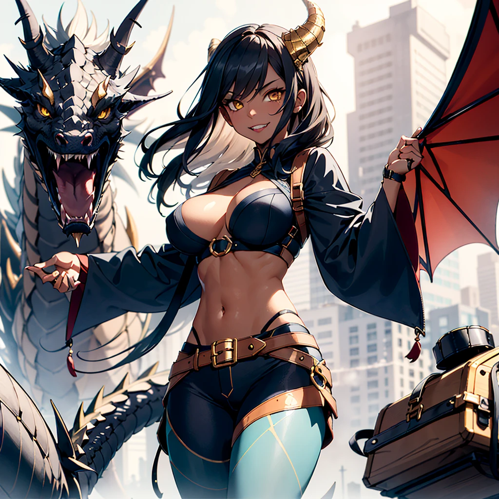 ((best quality)), ((masterpiece)), (detailed), 1 girl-dragoness warrior, 8k_wallpaper, extremely detailed eyes, (large masterpiece digital art), (intricate details:1.3 ), (ultra-detailed:1.3), (sharp focus:1.3), (natural lighting:1.05), (vivid colors:1.3), (best quality:1.4), high quality, expressive eyes, full body, detailed face, beautiful face, perfect face, ((hair sandy white curls)), dragon dark blue horns, (gold eyes), {{dark skin}}, ({dark skinned female}), big breasts, (huge chest), powerful relief muscles of the abdomen and legs, powerful strong muscles of the arms, abdominal piercings, cruel predatory and cold-blooded arrogant look, a predatory smile with many fangs, she is wearing an open dark blue silk lush kimono with patterns of golden maple leaves, a white translucent cotton crop-top outlines of nipples under clothing, leather mini-shorts, lowered leather wide red belts on the waist with large yarn, a backpack with, (long large dragon dark blue tail), she stands on the deck of a battle galleon moored in the city port of a fantasy world, clear sunny day, character concept art style,
