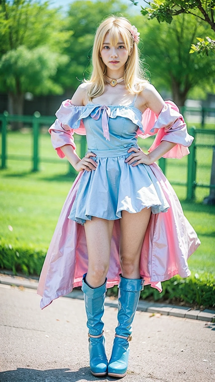 (8k、RAW Photos、Highest quality、masterpiece:1.2)、(Realistic、Realistic)、1 girl、((Blonde、Breast enlargement、garden、Pink and light blue、Thin legs、whole body、boots、View from the front、Looking into the camera、Stand with hands on hips))、cute