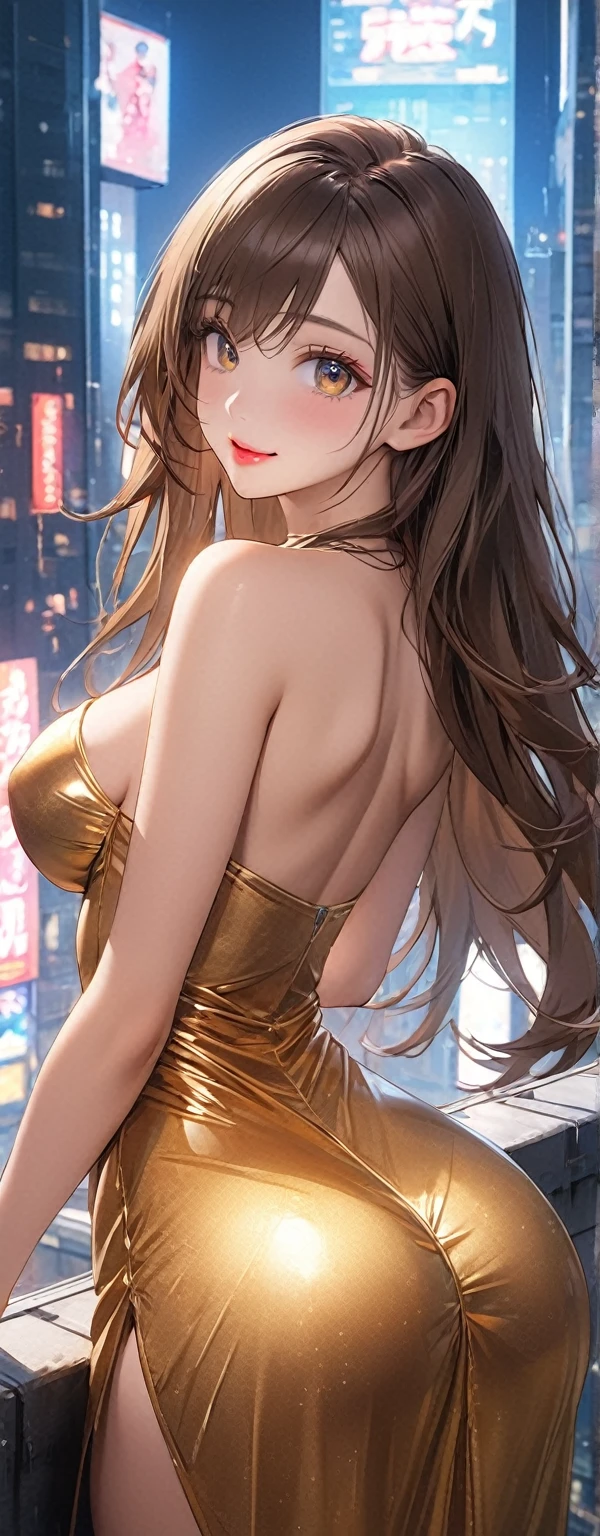 Straight Hair、Brown Hair,((Highly detailed golden sexy dress)), Looks about 17 years old, (beautiful girl: 1.3),1girl,Highest quality,8k,Highly detailed CG unit wallpaper,masterpiece:1.2,Highest quality,Ultra-high resolution,RAW Photos,Realistic textured skin,Cinema Lighting,happy,Big eyes,Detailed eyes,Glossy lipstick,Perfect Makeup,Ultra-high definition beauty face,Huge building,Metropolis,voluptuous,(Big, round and beautifully shaped butt),(Standing on the rooftop of a skyscraper in Cyber City),(Panoramic View),night,Detailed neon lights,(((Are standing_Split))),