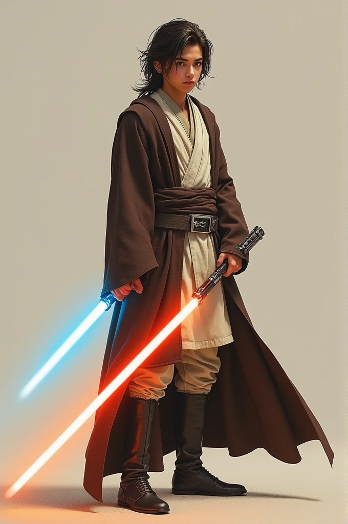 Create an image of a 20 year old Jedi boy character. He should have tan skin, hunter-shaped eyes, and a mullet hairstyle. His head should be perfectly square in shape. The character should be dressed in traditional Jedi robes, and he should be holding a lightsaber, showcasing a sense of determination and skill