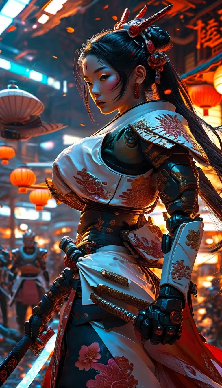 vector art, vector graphics. dark sci-fi. Feudal Japan style but sci-fi style on an alien planet in another galaxy. android geisha, samurai with sword, female space marine. dynamic techniques, film grain, depth of field, HDR, beautiful lighting, turn off nsfw