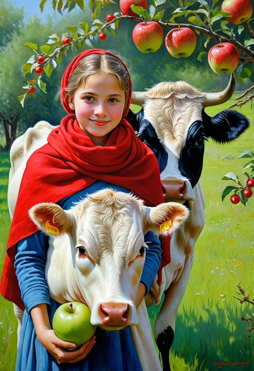 image of a girl in a red scarf and a cow under an apple tree, a girl and a cow, Igor Grabar, traditional art, Mari Bashkirtseva, ultra humorous oil painting, Dechko Uzunov, beautiful art, oil painting, pastel, realistic painting of a cute girl, beautiful painting, Mikhail Lebedev, beautiful picture