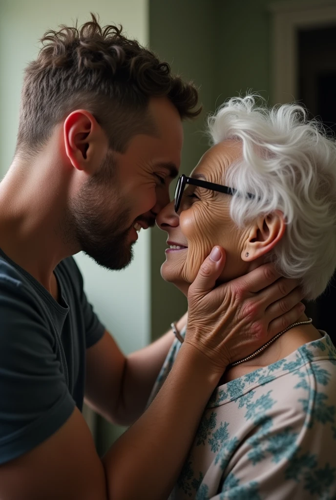 A short man having sex with an elderly woman with short hair and glasses