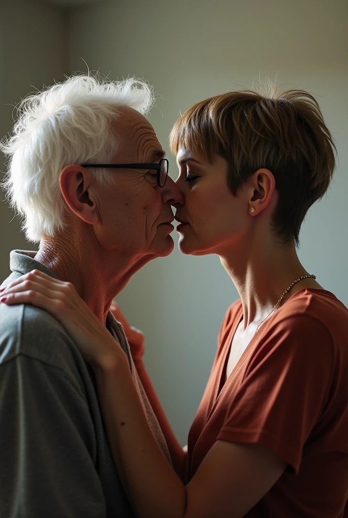A short man having sex with an elderly woman with short hair and glasses