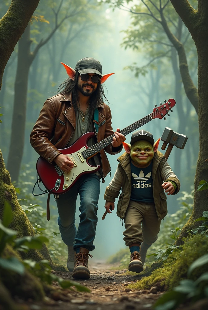 elf in a leather jacket with long hair, glasses and an electric guitar. blunt, fat goblin in adidas and a cap , who looks like a thug. The gnome is healthy, pumped up in a coat with a hammer walking through the forest 