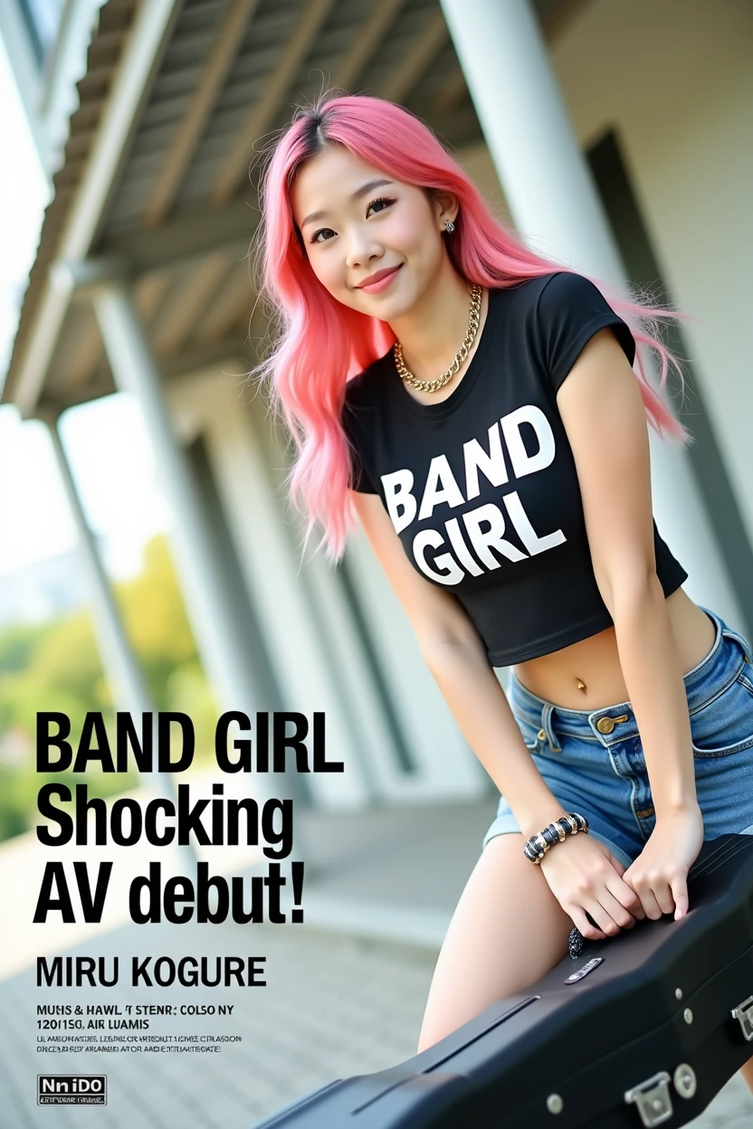 ((((Woman's ridiculously large breasts change, slender curves, big , big breasts, big , super beautiful woman, whip-smacking body)))), adult video poster layout, text on screen: "BAND GIRL Shocking AV debut!! ★ MIRU KOGURE ",(((Japanese woman with large black guitar case)))), 26 year old adult woman wearing black crew neck top with large English letters on her chest and short blue jeans posing for a photo shoot, big breasted female porn actor, dynamic pose, rock music magazine model pose,. Japanese female fashion model, (((very bright pink hair))), happy expression, thick chain accessories on neck and arms, (((in front of Asakusa strip theater))), pure beautiful smile, intelligent face, slender curves, large breasts, wearing black t-shirt, small leather jacket Wearing black T-shirt, very small leather jacket, denim shorts, (((extreme low angle))), null, Bill, holding black guitar case with guitar strap, (((DVD mark, Blu-ray mark))).