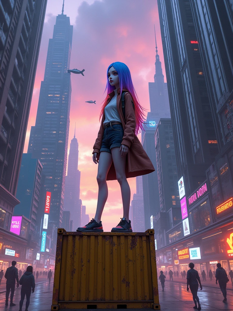 A futuristic scene in a city at dusk, right at 5 pm, with tall skyscrapers of modern architecture and neon lights that begin to illuminate the streets. Flying vehicles fly through the sky, and pedestrians in technological clothing stroll along the sidewalks. In the center of the scene, A human-like alien female is standing on a rusty yellow metal container. Despite being 60 Earth years old, In her race she looks like a 16 year old human girl. He has one purple eye and the other red., with long, straight hair that starts blue at the roots and turns orange at the tips. She is 150 cm tall and her posture reflects confidence in this cyberpunk and slightly dystopian environment..The camera is located 50 cm away from her and only 10 cm from the floor, Capturing the scene from a low angle that highlights the magnitude of the city behind it and its presence in the surroundings. The sky is partly cloudy, with purple and blue tones, while the city around them seems to come alive in the golden hour.This prompt captures not only the mood and character, but also a unique cinematic perspective that adds dynamism and depth to the scene..