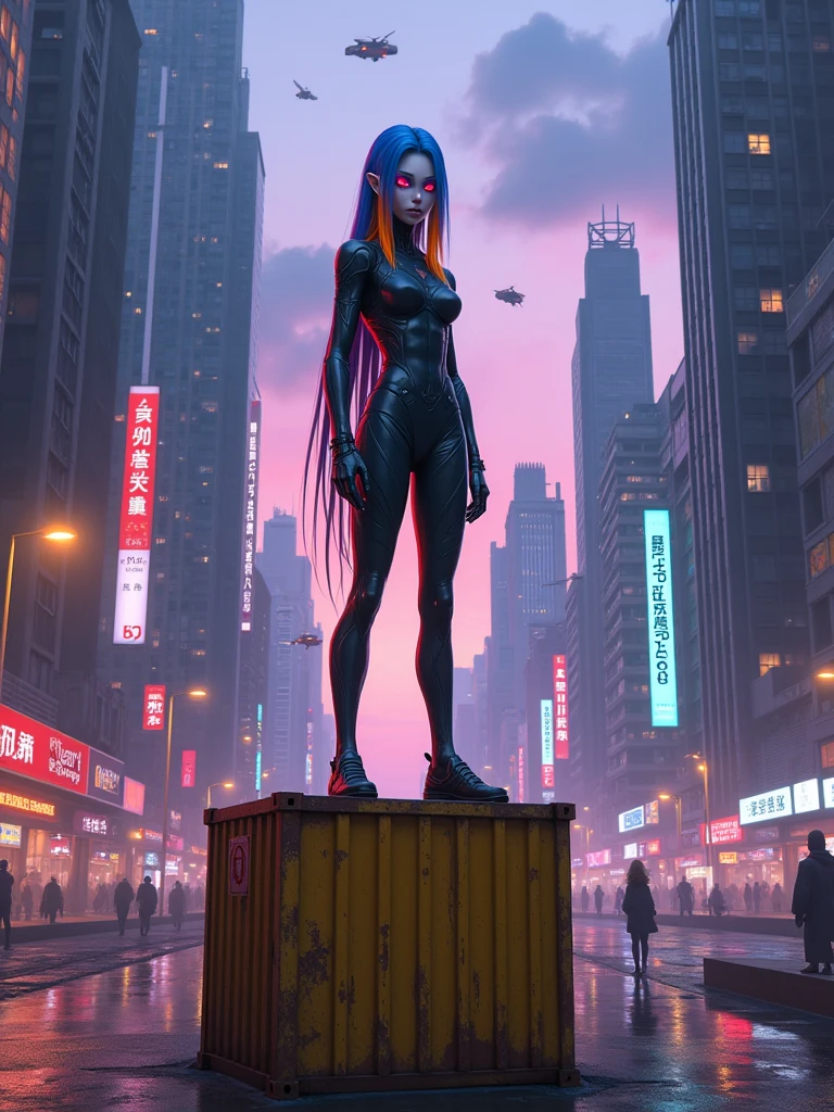 A futuristic scene in a city at dusk, right at 5 pm, with tall skyscrapers of modern architecture and neon lights that begin to illuminate the streets. Flying vehicles fly through the sky, and pedestrians in technological clothing stroll along the sidewalks. In the center of the scene, A human-like alien female is standing on a rusty yellow metal container. Despite being 60 Earth years old, In her race she looks like a 16 year old human girl. He has one purple eye and the other red., with long, straight hair that starts blue at the roots and turns orange at the tips. She is 150 cm tall and her posture reflects confidence in this cyberpunk and slightly dystopian environment..The camera is located 50 cm away from her and only 10 cm from the floor, Capturing the scene from a low angle that highlights the magnitude of the city behind it and its presence in the surroundings. The sky is partly cloudy, with purple and blue tones, while the city around them seems to come alive in the golden hour.This prompt captures not only the mood and character, but also a unique cinematic perspective that adds dynamism and depth to the scene..
